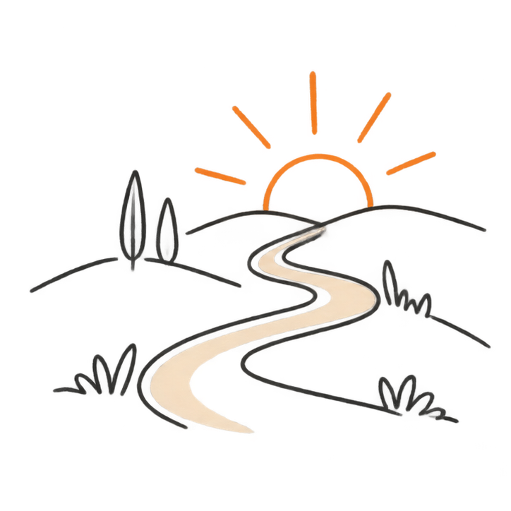 A simple line art illustration of a winding road leading toward sunrise